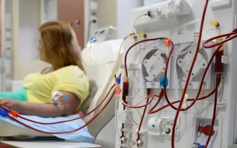 Kobieta podłączona do dializatora, który jest kluczowym elementem w leczeniu niewydolności nerek.