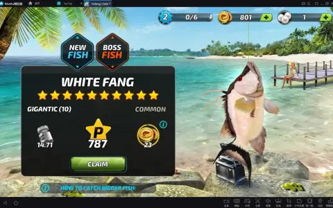 W grze Fishing Clash złowiono białego rekina. Gracz zdobył 787 punktów i 23 monety.