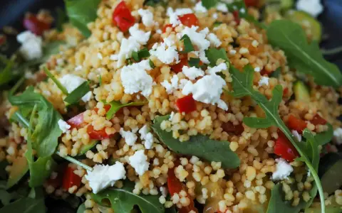 Ein bunter Couscous-Salat mit Feta, roten Paprikawürfeln und Rucola. Frisch und lecker!