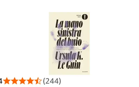Copertina del libro "La mano sinistra del buio" di Ursula K. Le Guin, con un design astratto e stelle viola.