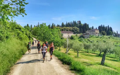 Gruppo di escursionisti su sentiero sterrato, con case coloniche e cipressi sullo sfondo. La Via degli Dei, nonostante la bellezza, presenta una certa difficoltà.