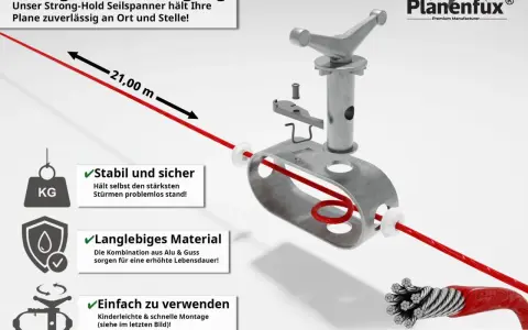 Starkes Stahlseil mit Kunststoffummantelung wird mit einem Seilspanner befestigt. 21 Meter Länge, stabil und einfach zu verwenden.