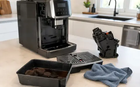 Czyszczenie ekspresu DeLonghi. W tacce resztki kawy, obok wyjęty moduł zaparzający i tacka ociekowa. Czas na świeżą, nie wodnistą kawę.