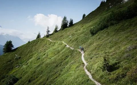 Zwei Wanderer genießen das bergauf laufen auf einem schmalen Pfad durch eine grüne Berglandschaft mit vereinzelten Bäumen und einem blauen Himmel.