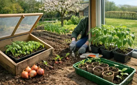 Jardiner en mars : semis de tomates sous châssis, plantation d'oignons et repiquage de jeunes plants. Le printemps s'annonce au jardin.