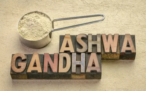 Miarka z proszkiem ashwagandha obok liter tworzących napis "ASHWAGANDHA". Czy można łączyć ashwagandha a alkohol?