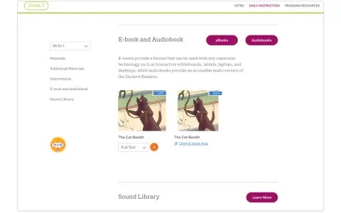 Dostępne audiobooki po angielsku z tekstem, w tym "The Cat Bandit". Możliwość wyboru pełnego tekstu.
