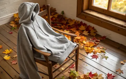 Szara bluza z kapturem na drewnianym krześle, otoczona jesiennymi liśćmi. Idealna jako jaka bluza do szarych dresów na chłodne dni.