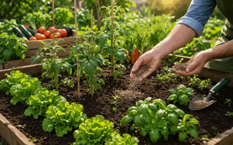 Mani spargono concime bio su un orto con lattuga, pomodori e basilico.