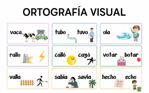 Ortografía visual: vaca, tubo, tuvo, ola, rallo, calló, cayó, votar, botar, valla, sabia, savia, hecho, echo.