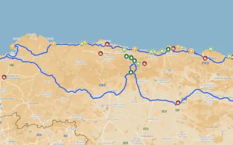 Karte zeigt eine Route durch Nordspanien, ideal für einen Urlaub mit vielen Sehenswürdigkeiten und Etappen.