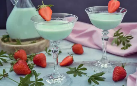 Zwei Gläser mit hellgrünem Likör, garniert mit Erdbeeren. Ein Krug mit dem Likör und frische Erdbeeren deuten darauf hin, dass man Waldmeister Schnaps selber machen kann.