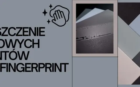 Czyszczenie matowych frontów anti-finger. Woda na ciemnej powierzchni, obok próbek kolorów.
