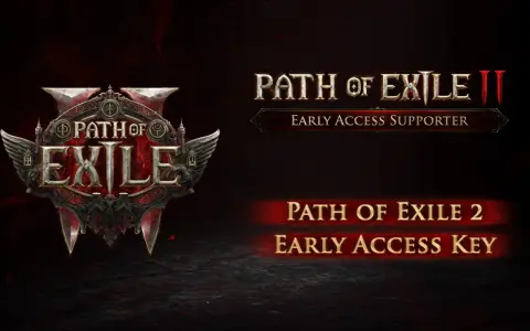 El logo de Path of Exile 2 con el texto "Early Access Supporter" y "Early Access Key" sobre un fondo oscuro y rojo.