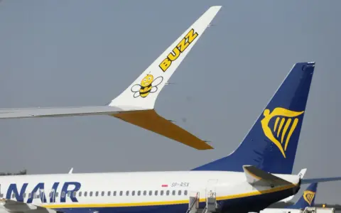 Samolot Buzz z pszczółką i napisami "BUZZ" oraz Ryanair. Czy to oznacza, że lot czarterowy co to jest, jest obsługiwany przez te linie?