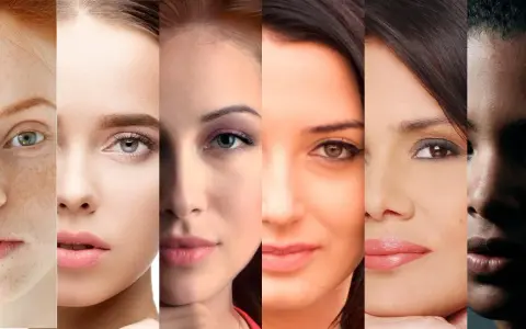 Seis rostros muestran la diversidad de fototipos de piel, desde pecas hasta tonos oscuros, celebrando la belleza en todas sus formas.