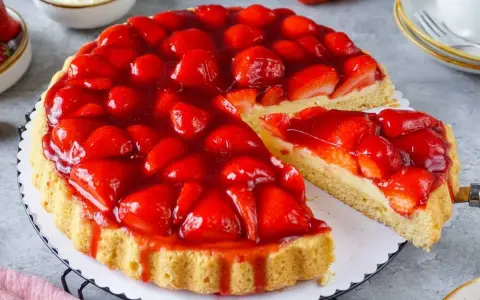 Saftiger Erdbeerkuchen mit Puddingcreme und glänzender Erdbeerschicht. Ein köstliches Erdbeerboden Rezept für den Sommer.