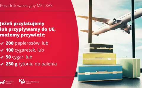 Samolot i walizki przy oknie, tekst o limitach tytoniu.