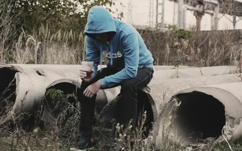 Chłopak w niebieskiej bluzie siedzi na betonowych rurach, trzymając kubek z napojem. W jego oczach widać smutek, jakby czuł, że dda nie umiem kochać.