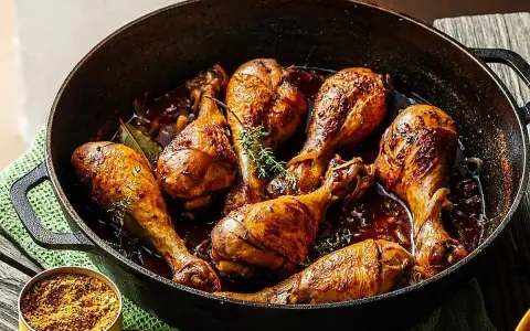 Sabroso pollo a la cerveza dorado y jugoso, cocinado en una sartén de hierro fundido con hierbas aromáticas.