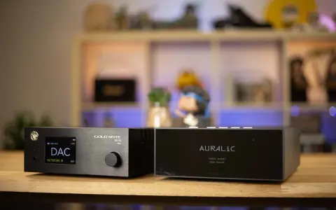 Deux appareils audio haut de gamme, un lecteur Blu-ray audiophile Gold Note DS-10 et un Auralic, sur un bureau.