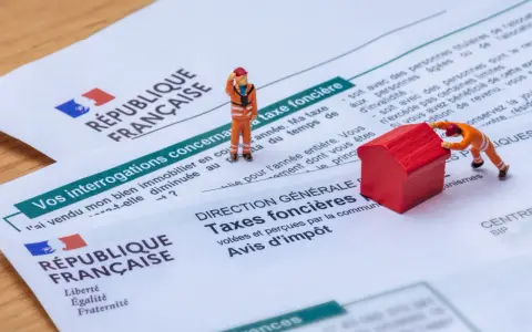 Figurines sur des documents fiscaux français. L'une pousse une maison rouge, symbolisant la taxe foncière pour un revenu modeste.