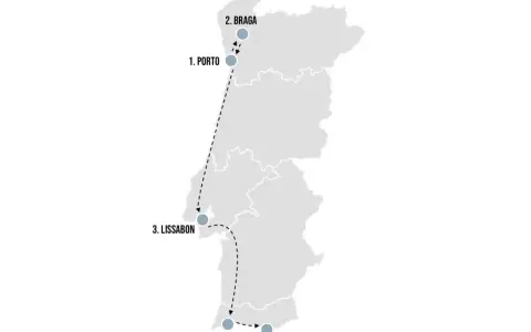 Karte von Portugal mit einer Route von Porto über Lissabon nach Faro. Die Frage "wie groß ist Portugal" wird durch die Darstellung der Reise von Nord nach Süd beantwortet.