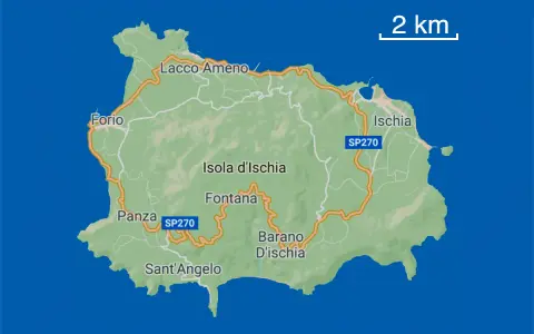 Mappa dell'isola d'Ischia, con le località di Forio, Lacco Ameno, Ischia, Panza, Sant'Angelo e Barano D'Ischia. Una strada costiera SP270 la circonda.