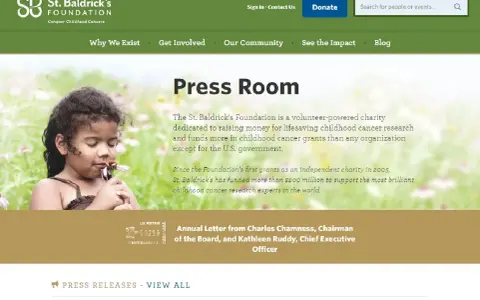 St. Baldrick's Foundation press release page features a child smelling a flower.