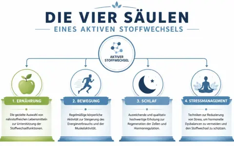 Die vier Säulen eines aktiven Stoffwechsels: Ernährung, Bewegung, Schlaf und Stressmanagement. So kannst du deinen Stoffwechsel ankurbeln.