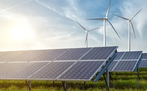 Solar panels und Windräder im Sonnenschein. Das ist, was bedeutet erneuerbare energie: saubere Kraft für unsere Zukunft.