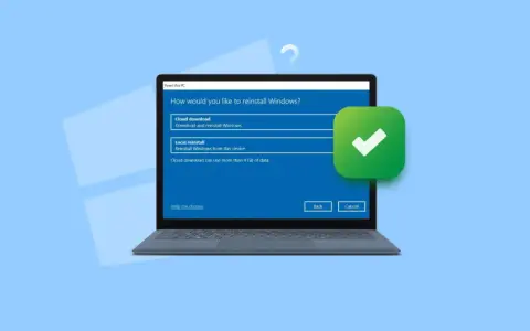 Ekran wyboru opcji reinstalacji Windows 10: pobieranie z chmury lub lokalna. Zielony znacznik potwierdza wybór.