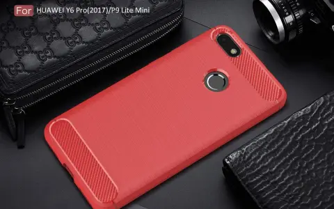 Czerwone etui na telefon Huawei Y6 Pro (2017) z karbonowymi wstawkami, obok czarnego portfela i aparatu.