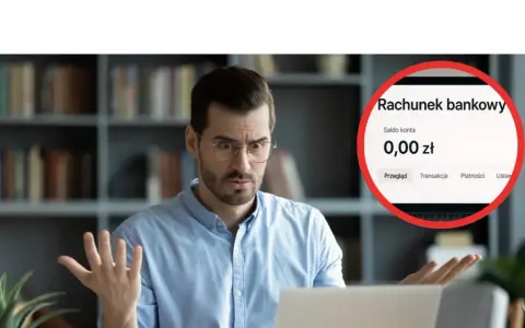 Zaskoczony mężczyzna widzi na ekranie komputera saldo 0,00 zł, zastanawiając się, czy to przez podatek od darowizny.