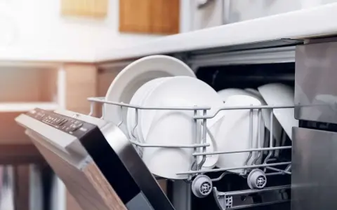 Cesta de lavavajillas llena de platos blancos. Aprende como limpiar el lavavajillas para que tus vajillas queden relucientes.