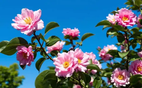 Des fleurs de camélia roses épanouies sous un ciel bleu vif. La **taille camélia** a permis à ces magnifiques fleurs de s'épanouir.