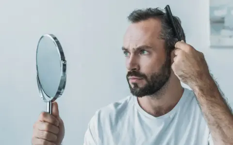Mann kämmt sich die Haare, besorgt über Haarausfall. Er fragt sich, warum seine Haare nicht mehr wachsen, Frau.