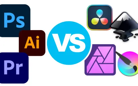 Porównanie ikon programów graficznych: Adobe (Ps, Ai, Pr) kontra alternatywy, szukając zamiennika Photoshop.