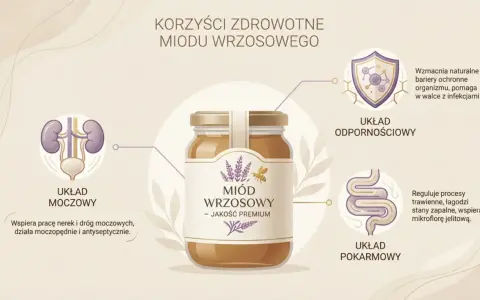 Słoik miodu wrzosowego z ikonami układu odpornościowego, moczowego i pokarmowego.