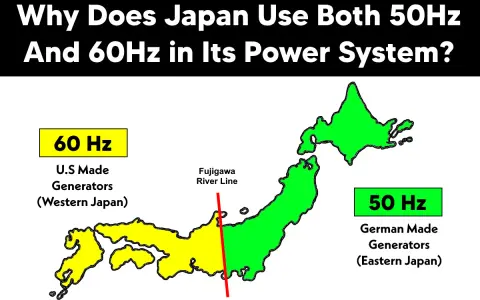 Japan hat ein zweigeteiltes Stromnetz: 60 Hz im Westen (US-Generatoren) und 50 Hz im Osten (deutsche Generatoren), getrennt durch die Fujigawa-Linie.