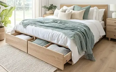 Camas vestidas con encanto, con mantas suaves y cojines acogedores, y cajones de madera para guardar tesoros.