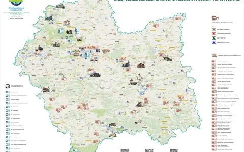 Mapa Małopolski z zaznaczonymi zamkami, skansenami i podziemiami turystycznymi. Odkryj bogactwo kulturowe regionu, podążając szlakiem skansenów.