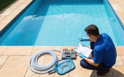 A man in blue checks pool water test tubes, preparing to shock the pool. Pool cleaning supplies are laid out.