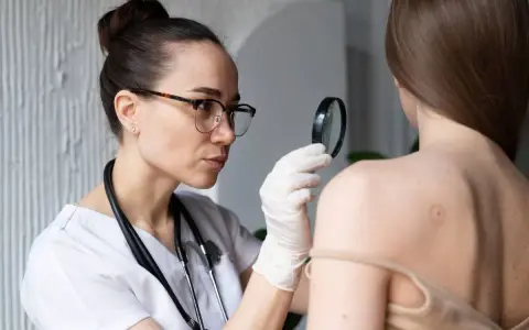 Dermatóloga examina lunares en la espalda de una paciente con lupa.