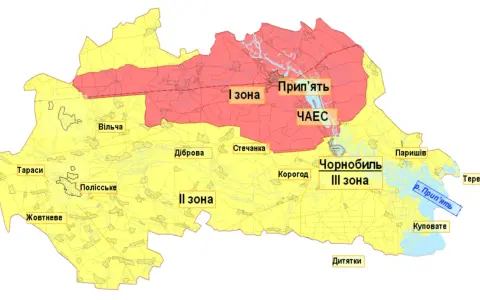 Mapa pokazująca strefy wokół Czarnobyla. Widać tu Prypeć, Czarnobylską Elektrownię Atomową i rzekę Prypeć.