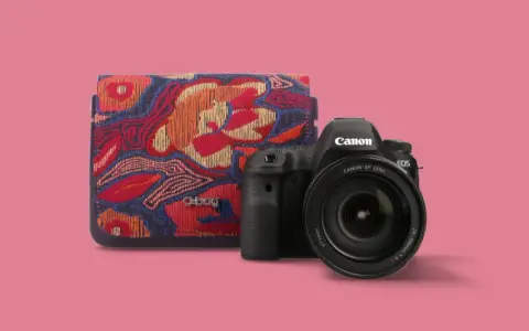 Fotografia produktowa: aparat Canon EOS z obiektywem i etui O bag w kolorowe wzory.