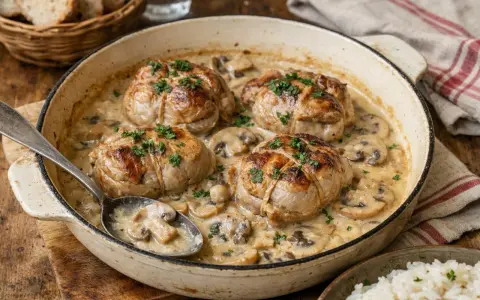 Quatre paupiettes de veau dorées, nappées d'une sauce crémeuse aux champignons, prêtes pour la cuisson.