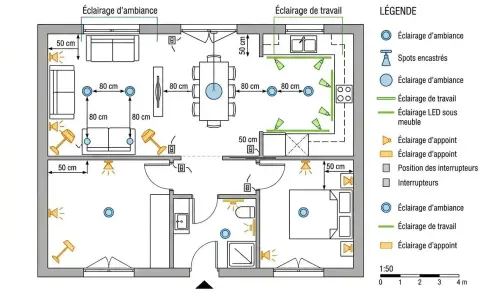 Plan d'une maison en L avec différents types d'éclairage : d'ambiance, de travail, d'appoint.