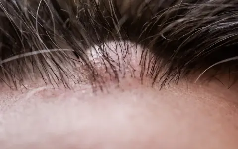 Primo piano della pelle con capelli scuri e una protuberanza sulla fronte, forse un brufolo o un piccolo neo.