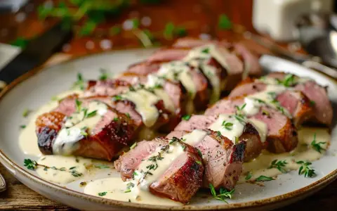 Délicieuses aiguillettes de canard poêlées, nappées d'une sauce crémeuse et garnies de thym frais. Un plat savoureux prêt à être dégusté.